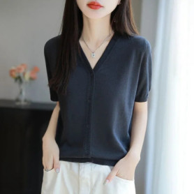 Women's Korean Style Worsted Wool Knit Top V-Neck Short Sleeve Loose Solid Color Cardigan Slimming T-Shirt For Summer
