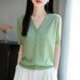 Women's Korean Style Worsted Wool Knit Top V-Neck Short Sleeve Loose Solid Color Cardigan Slimming T-Shirt For Summer