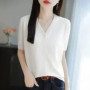 Women's Korean Style Worsted Wool Knit Top V-Neck Short Sleeve Loose Solid Color Cardigan Slimming T-Shirt For Summer