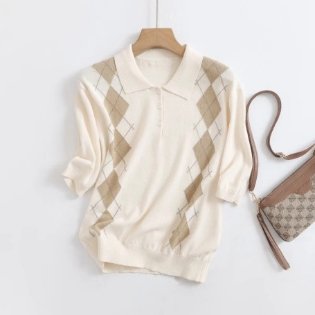 Ethereal MD 2026 YAZHIMEI spring new style of Ladies' casual diamond-shaped knitted Polo short-sleeved shirt