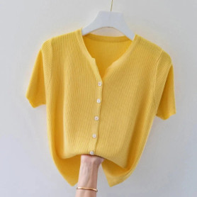 New Fashion Women Clothing Cardigan Knitted T-shirt Korean Spring Summer Solid Slim Female Short Sleeve Casual Ice Silk Knit Top