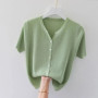 New Fashion Women Clothing Cardigan Knitted T-shirt Korean Spring Summer Solid Slim Female Short Sleeve Casual Ice Silk Knit Top