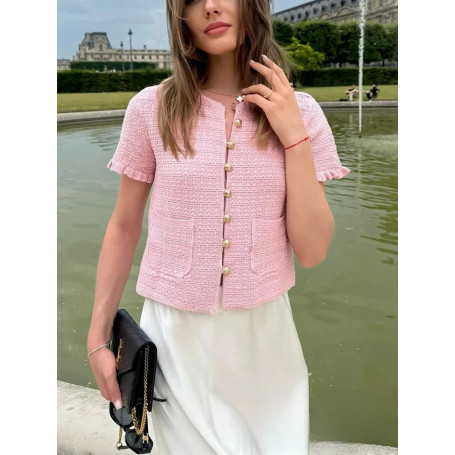 KONDALA Casual Chic Women Top Solid Tierred Single Breasted O-Neck Short Sleeve Knitted Cardigans Fashion 2025 Spring Summer Top