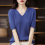 Women's Sweater Spring Summer Short Sleeve V-neck Knit Shirt Casual Korean Pullovers Stripe Bottoming Shirt Slim Fit Jumpers