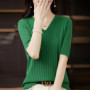 Women's Sweater Spring Summer Short Sleeve V-neck Knit Shirt Casual Korean Pullovers Stripe Bottoming Shirt Slim Fit Jumpers