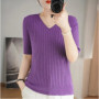 Women's Sweater Spring Summer Short Sleeve V-neck Knit Shirt Casual Korean Pullovers Stripe Bottoming Shirt Slim Fit Jumpers