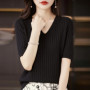Women's Sweater Spring Summer Short Sleeve V-neck Knit Shirt Casual Korean Pullovers Stripe Bottoming Shirt Slim Fit Jumpers