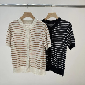 Retro Striped Knit Cardigan for Women, Summer Thin Linen Blend Sequined Short-sleeved Cardigan T-shirt