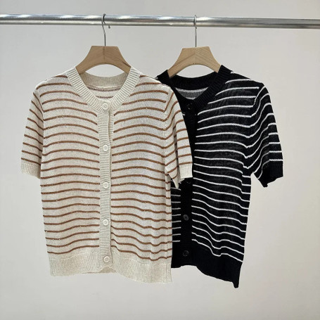 Retro Striped Knit Cardigan for Women, Summer Thin Linen Blend Sequined Short-sleeved Cardigan T-shirt