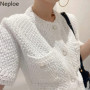 Neploe Korean Cardigan Women Clothing Short Sleeve Single Breasted Sweater O Neck Knit Black Tops 2025 Fashion White Coat Femme