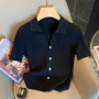 Women Clothing Korean Fashion Elegant Polo Collar Button Knitted Cardigans 2024 Summer Casual Solid Short Sleeve Slim Basic Tops