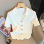 Women Clothing Korean Fashion Elegant Polo Collar Button Knitted Cardigans 2024 Summer Casual Solid Short Sleeve Slim Basic Tops