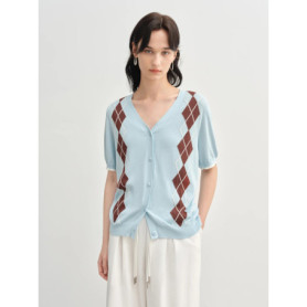 DUSHU 2025 Summer Women's Diamond Knit Cardigan - Fresh Preppy-Inspired Color Blocking & Breeze Comfort Short Sleeve