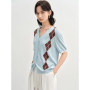 DUSHU 2025 Summer Women's Diamond Knit Cardigan - Fresh Preppy-Inspired Color Blocking & Breeze Comfort Short Sleeve