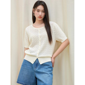 DUSHU Pure Color Round Neck Knit Cardigan 2025 Summer Loose Fit Office Commute Versatile Styling Essential Short Sleeve Cardigan