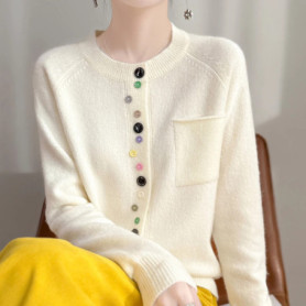 2025 New Fashion Spring O-neck Long Sleeve Cardigan Women's 100 Merino Wool Sweater Cardigan Color Button Knit Top Women's