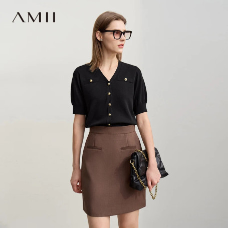 Amii Cardigan For Women 2026 Spring New Elegance V-neck Knitted Cardigan Solid Soft Knitwear Metal Buckle Short Sweater 12621081