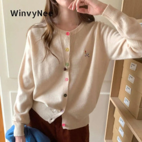 WinvyNee Women's Clothing O Neck 100 Wool Cardigans Colorful Buttons Solid Knitted Top Sweater Outerwear Blouse Jumper B1523053