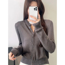 Women's solid color round neck long sleeve linen knitted cardigan
