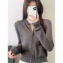 Women's solid color round neck long sleeve linen knitted cardigan