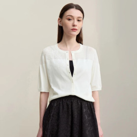 Amii Women's Cardigan 2026 Summer New O- Neck Knit Lace Patchwork Top Elegant Office Short Sleeve Open Front Sweater 12622065