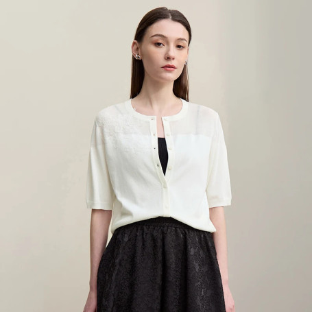 Amii Women's Cardigan 2026 Summer New O- Neck Knit Lace Patchwork Top Elegant Office Short Sleeve Open Front Sweater 12622065