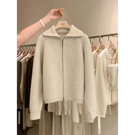 Zipper 100 pure cashmere cardigan ladies knitted coat thickened sweater lapel loose autumn and winter.