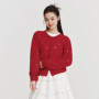 Semir Red Cardigan Women 2026 Spring Hollow Out Crew Neck Loose Gentle Style Casual Comfortable Fashion Knitwear Top
