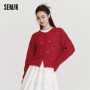 Semir Red Cardigan Women 2026 Spring Hollow Out Crew Neck Loose Gentle Style Casual Comfortable Fashion Knitwear Top