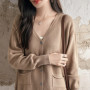WinvyNee Women's Pure Cotton Solid Color Deep V Neck Cardigan Long Sleeve With Pocket Soft Comfy Casual Loose Fit Daily B1092014