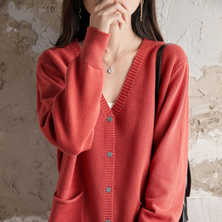 WinvyNee Women's Pure Cotton Solid Color Deep V Neck Cardigan Long Sleeve With Pocket Soft Comfy Casual Loose Fit Daily B1092014