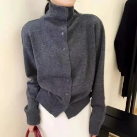 French-style high-neck 100 pure cashmere knitted cardigan for women's autumn and winter loose sweater with wool base coat