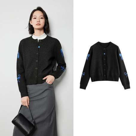 TOYOUTH Women Knitwear Cardigan 2024 Autumn New Bow Jacquard Long Sleeve Round Neck Single Breasted Button Sweater Tops