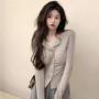 Autumn Korean Knit Cardigan V Lapel Long Sleeve Knitted Jumper Collar Sweater Coat Slim Cropped Cardigan Women‘s Y2k Clothes