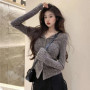 Autumn Korean Knit Cardigan V Lapel Long Sleeve Knitted Jumper Collar Sweater Coat Slim Cropped Cardigan Women‘s Y2k Clothes