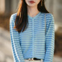 WinvyNee Women's Spring Fine Wool Knitted Cardigan Striped Crew Neck Long Sleeve Fashionable Designed Casual Outwear ZB1497001