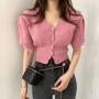 Chic Spring Summer Coat V-neck Pink Knit Cropped Cardigan Hollow Out Design Slim Short Puff Sleeve Knitwear Women Clothing Trend