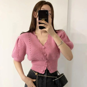 Chic Spring Summer Coat V-neck Pink Knit Cropped Cardigan Hollow Out Design Slim Short Puff Sleeve Knitwear Women Clothing Trend