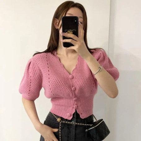 Chic Spring Summer Coat V-neck Pink Knit Cropped Cardigan Hollow Out Design Slim Short Puff Sleeve Knitwear Women Clothing Trend