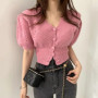 Chic Spring Summer Coat V-neck Pink Knit Cropped Cardigan Hollow Out Design Slim Short Puff Sleeve Knitwear Women Clothing Trend