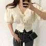 Chic Spring Summer Coat V-neck Pink Knit Cropped Cardigan Hollow Out Design Slim Short Puff Sleeve Knitwear Women Clothing Trend