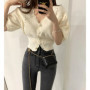 Chic Spring Summer Coat V-neck Pink Knit Cropped Cardigan Hollow Out Design Slim Short Puff Sleeve Knitwear Women Clothing Trend