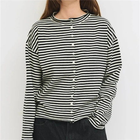 Womens Button Down Cardigan Striped Long Sleeve Sweater Jacket Crew Neck Cardigan Sweaters for Women Casual Daily Wear