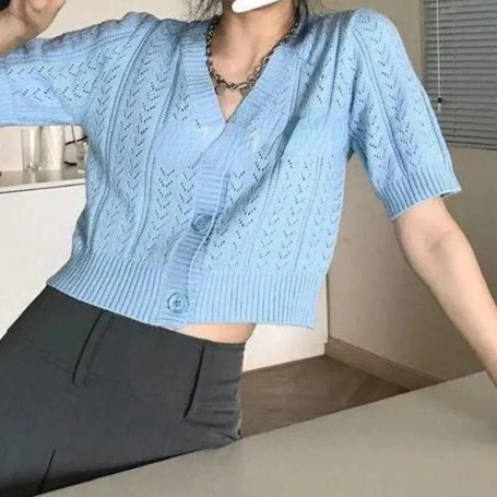 Cardigan elegant Women Simple Sweet Summer Lazy French Style Fashion Hollow Out Crop Short Sleeve V-neck Vintage Tender Maiden