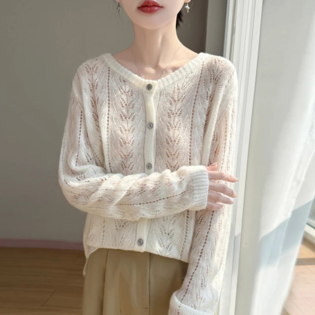 WinvyNee Women Spring Cashmere Wool Hollow Out Knit Cardigan Fashion Round Neck Thin Long Sleeve Crochet Sweater ZA1743004A