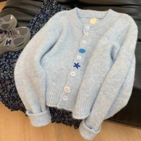 Women's Sweater Cute Long Sleeve Summer Y2K Open Front Cardigan Starfish Shell Button O-neck Knit Coat Milk Blue Girl's Outfits