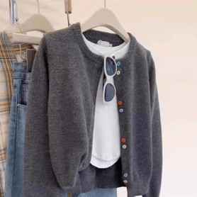 100 Wool Soft Elegant Knit Cardigan Women Small Round Collar Simple Design Versatile Button Sweater Crash Colour Cardigan for wo