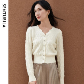 SENTUBILA White Brightsilk Cardigan For Women 2026 Loose Fit Elegant Wave V Neck Long Sleeve Crop Knitwear Tops Ladies W51E58696