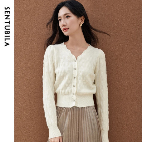 SENTUBILA White Brightsilk Cardigan For Women 2026 Loose Fit Elegant Wave V Neck Long Sleeve Crop Knitwear Tops Ladies W51E58696
