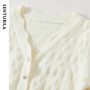 SENTUBILA White Brightsilk Cardigan For Women 2026 Loose Fit Elegant Wave V Neck Long Sleeve Crop Knitwear Tops Ladies W51E58696